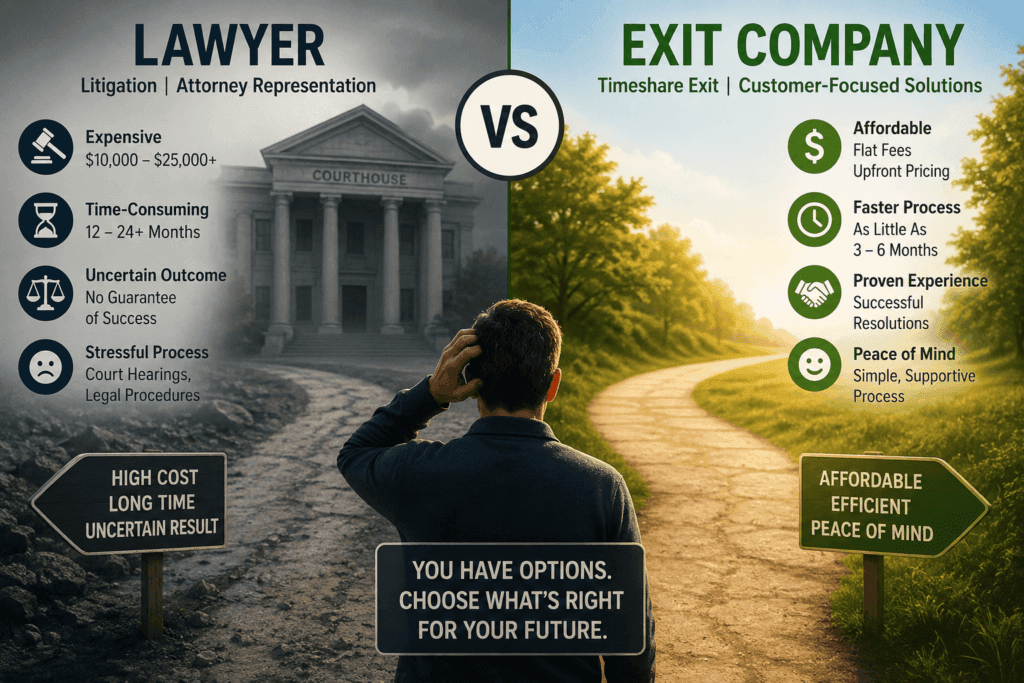 lawyer vs exit company. man trying to decide
