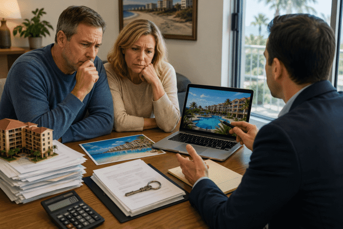 owner updates, couple meeting with salesperson, timeshare easy exit scam