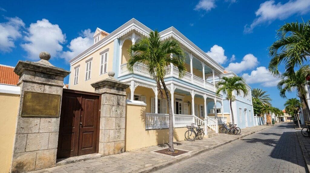 Colonial-style office building exterior in a Caribbean offshore business district