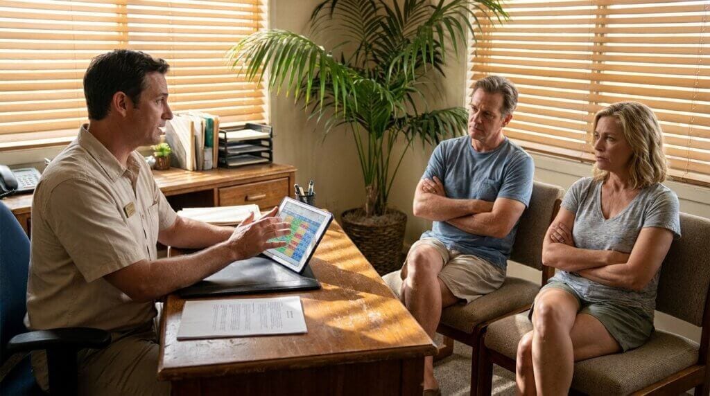 Timeshare salesperson presenting a points chart to a skeptical couple in a resort sales office