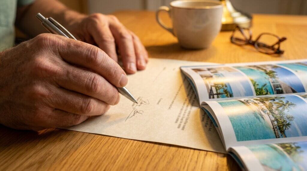 Close-up of a hand signing a timeshare contract next to a vacation brochure