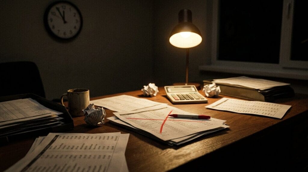 Late-night sales office desk with crossed-out price sheets and a clock nearing midnight