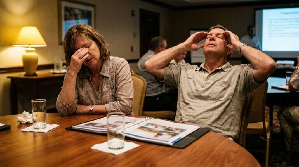 Exhausted couple at a long timeshare negotiation table late in the evening