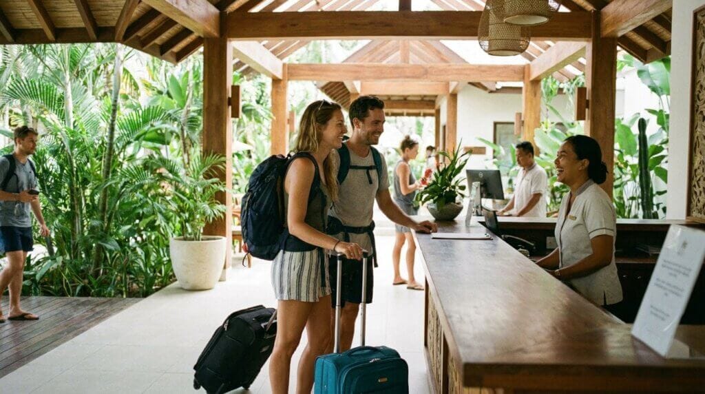 Couple checking in with luggage at a tropical resort front desk