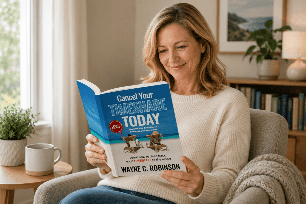 woman reading cancel your timeshare book