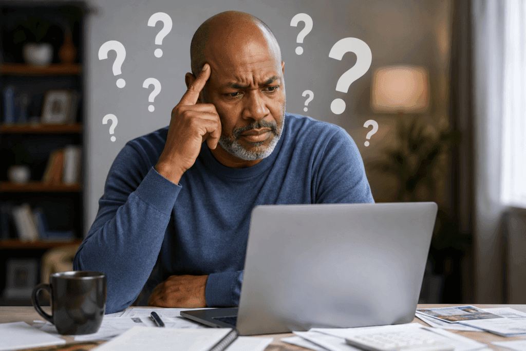 man sitting at table with questions