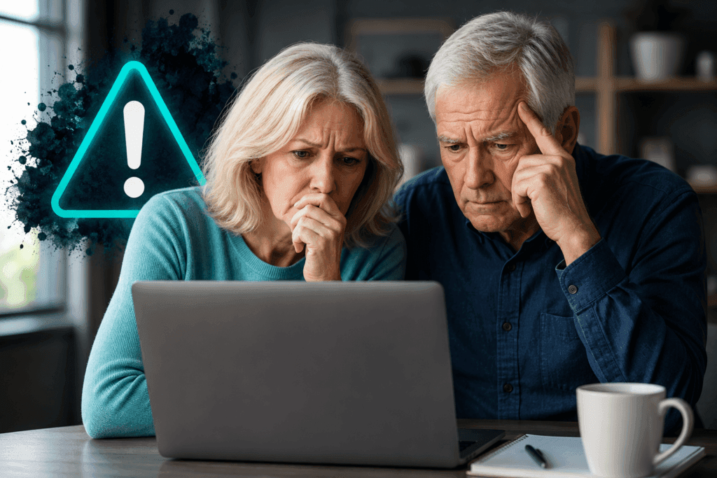 Timeshare exit scams, couple looking at computer screen