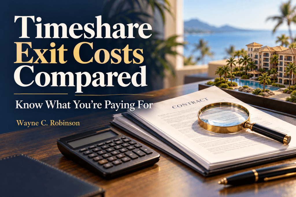 Timeshare exit cost comparison with contract documents, calculator, and magnifying glass.