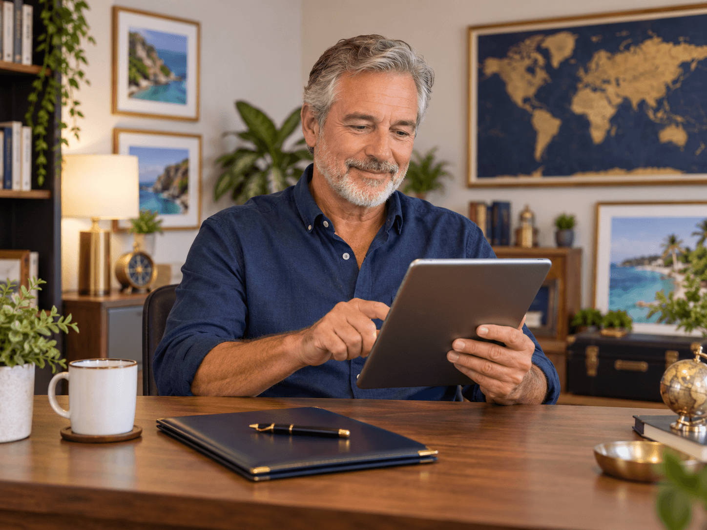 mature man filling out form on tablet