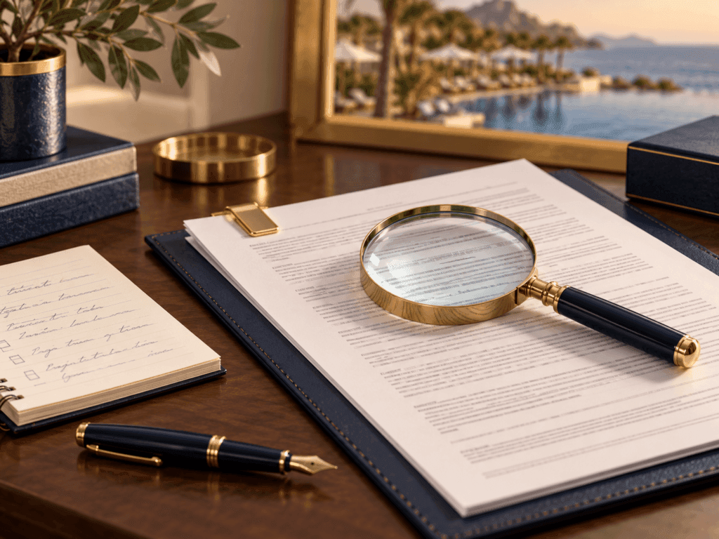 Timeshare contract examined with a magnifying glass and notes
