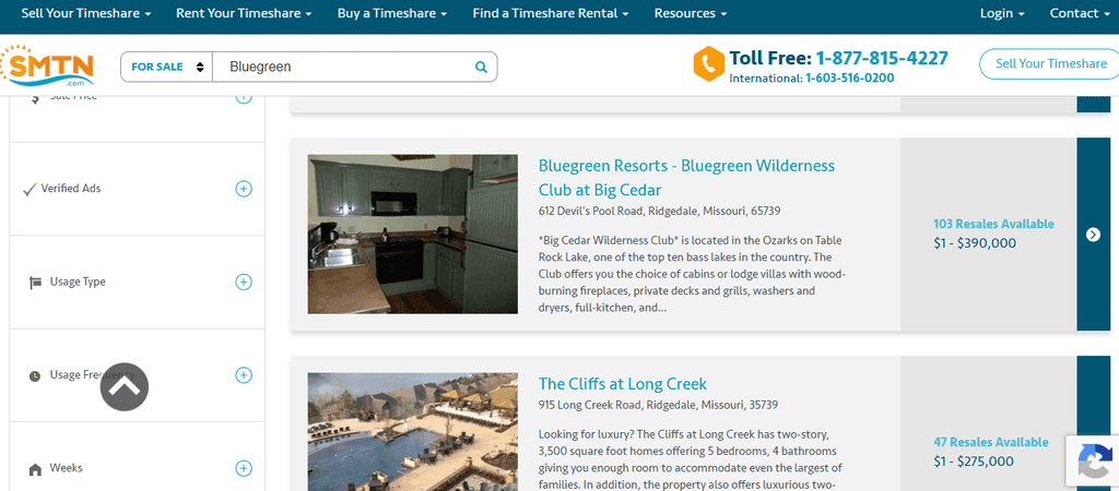 Screenshot of Bluegreen Vacations timeshare resale listings advertised for as little as $1, illustrating how some owners are willing to give away their timeshares to escape ongoing maintenance fees.