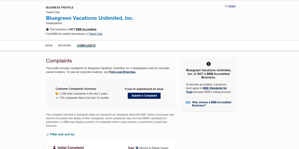 Screenshot of Better Business Bureau (BBB) consumer complaints against Bluegreen Vacations, highlighting customer concerns about timeshare ownership, maintenance fees, and cancellation difficulties.