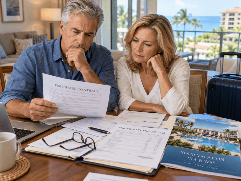 Timeshare owners reviewing cancellation options, maintenance fees, and their unwanted vacation ownership agreement