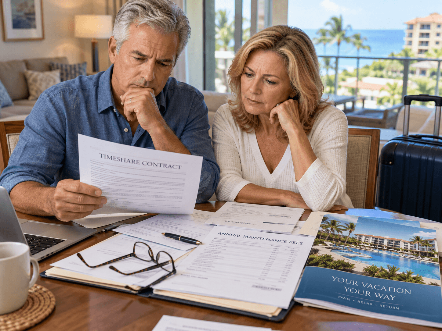 Timeshare owners reviewing cancellation options, maintenance fees, and their unwanted vacation ownership agreement