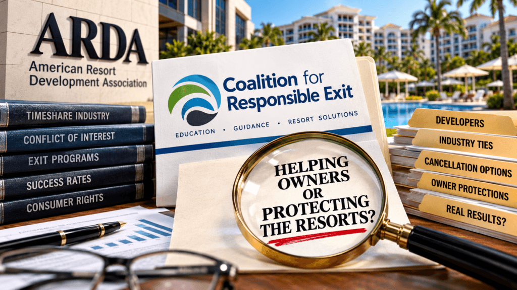 Coalition for Responsible Exit and ARDA editorial illustration showing timeshare owners examining cancellation documents, industry influence, resort exit programs, and consumer protection concerns.